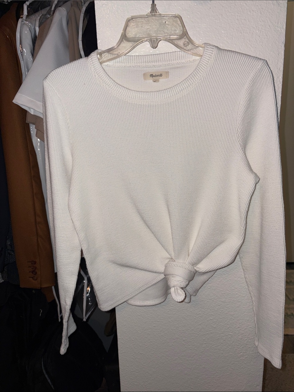Madewell White Ribbed Long-Sleeve Tie-Front Top